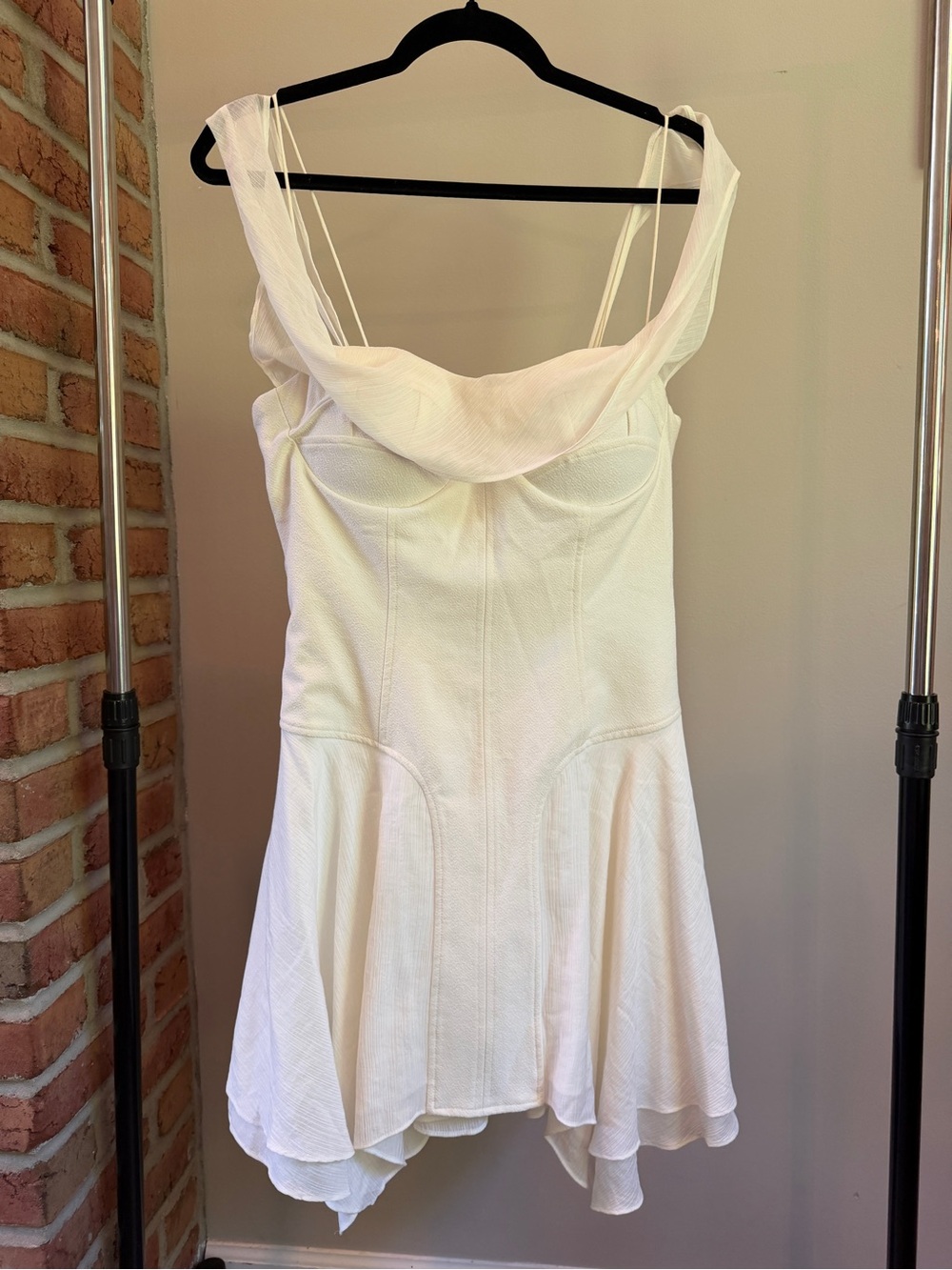 White Bustier Fit-and-Flare Handkerchief Hem Off the Shoulder Chiffon Dress